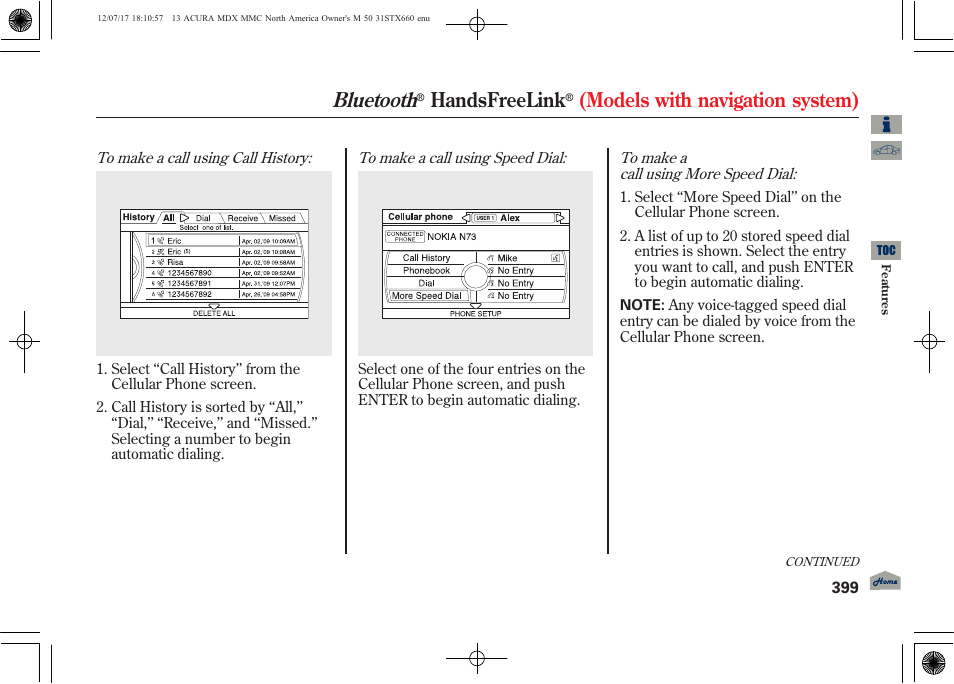 Bluetooth, Handsfreelink, Models with navigation system) | Acura 2013 MDX User Manual | Page 404 / 616