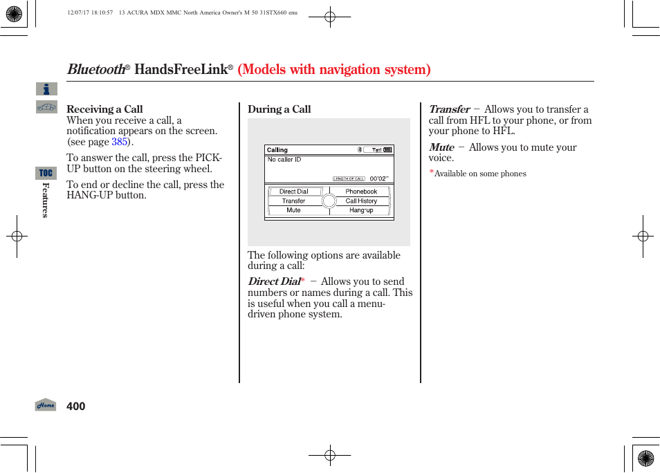 Bluetooth, Handsfreelink, Models with navigation system) | Acura 2013 MDX User Manual | Page 405 / 616