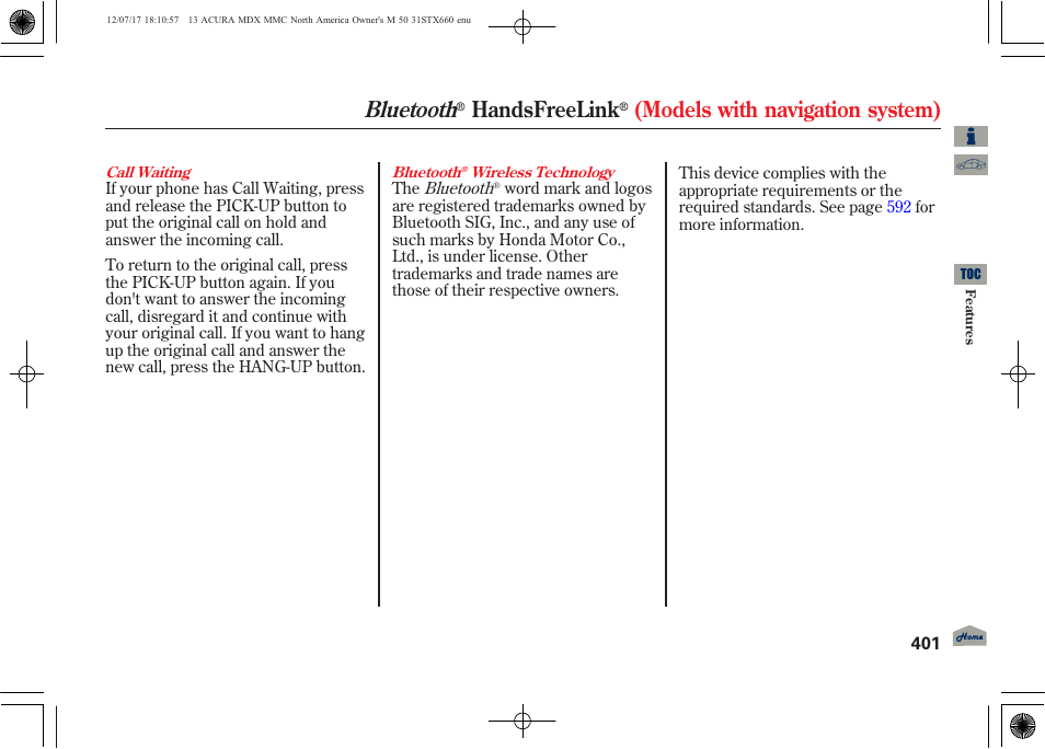 Bluetooth, Handsfreelink, Models with navigation system) | Acura 2013 MDX User Manual | Page 406 / 616