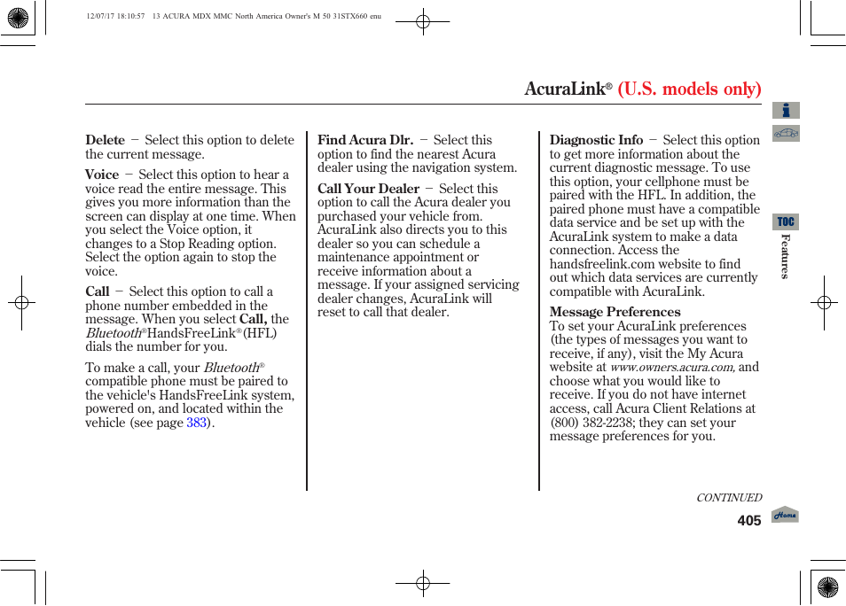 Acuralink, U.s. models only) | Acura 2013 MDX User Manual | Page 410 / 616