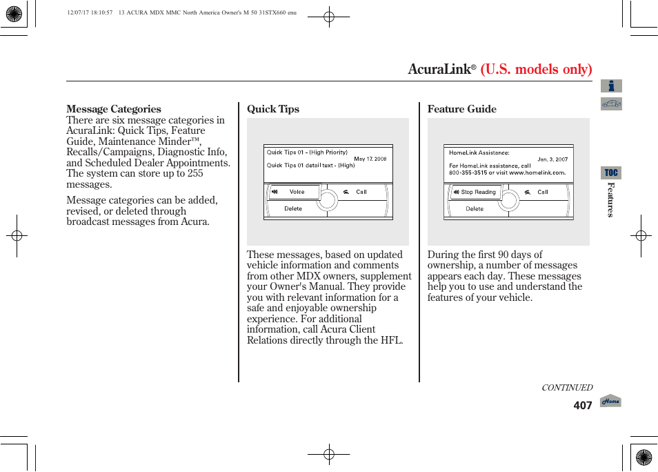 Acuralink, U.s. models only) | Acura 2013 MDX User Manual | Page 412 / 616