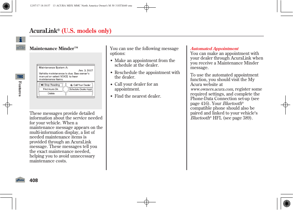 Acuralink, U.s. models only), 2013 mdx | Acura 2013 MDX User Manual | Page 413 / 616