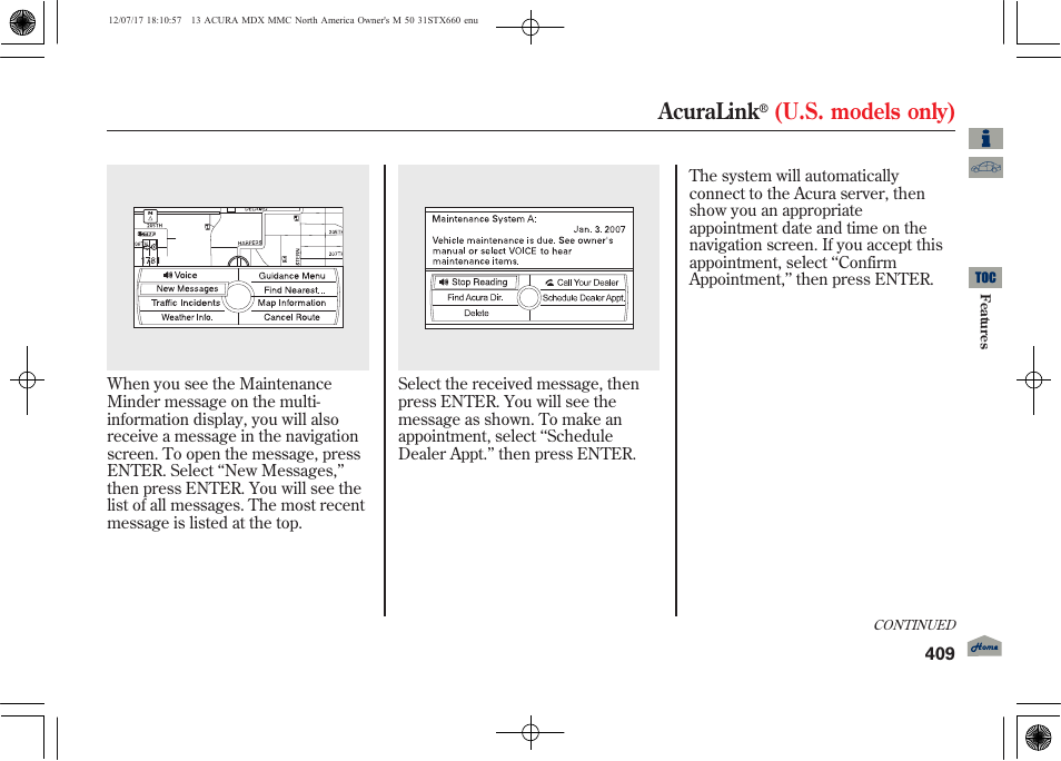 Acuralink, U.s. models only) | Acura 2013 MDX User Manual | Page 414 / 616