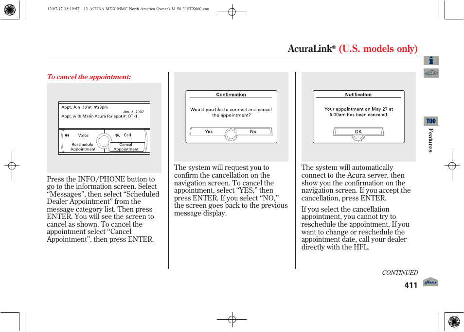 Acuralink, U.s. models only) | Acura 2013 MDX User Manual | Page 416 / 616