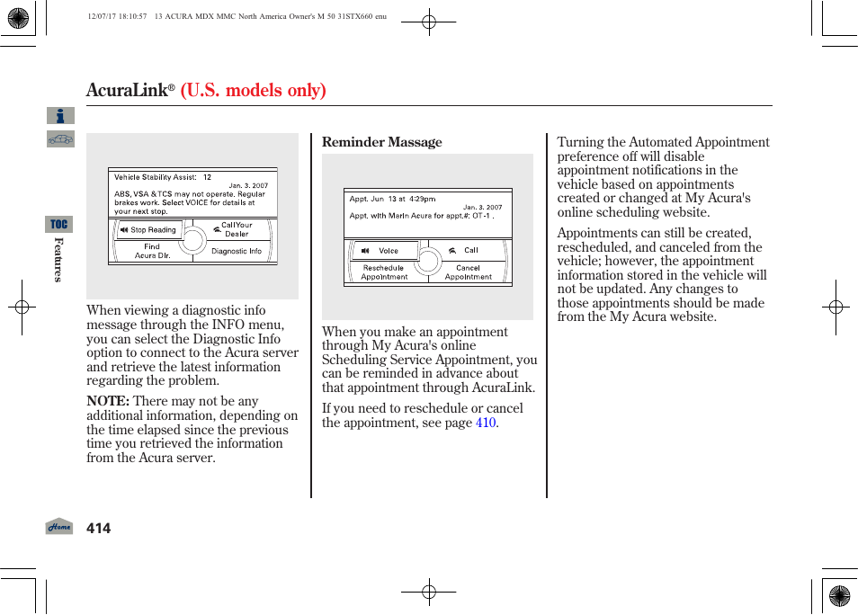 Acuralink, U.s. models only) | Acura 2013 MDX User Manual | Page 419 / 616