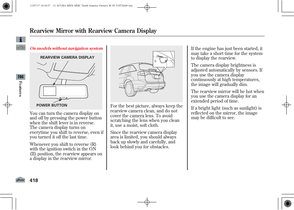 Rearview mirror with rearview camera display | Acura 2013 MDX User Manual | Page 423 / 616