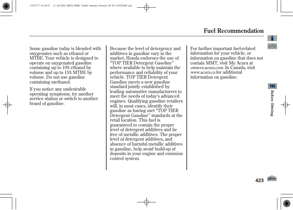 Fuel recommendation | Acura 2013 MDX User Manual | Page 428 / 616