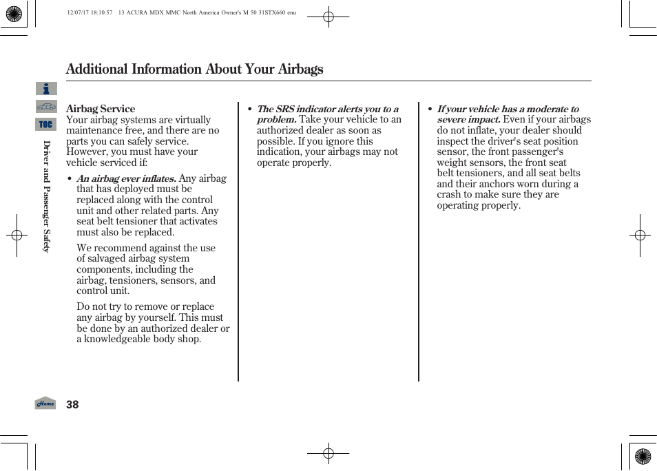 Additional information about your airbags, 2013 mdx | Acura 2013 MDX User Manual | Page 43 / 616