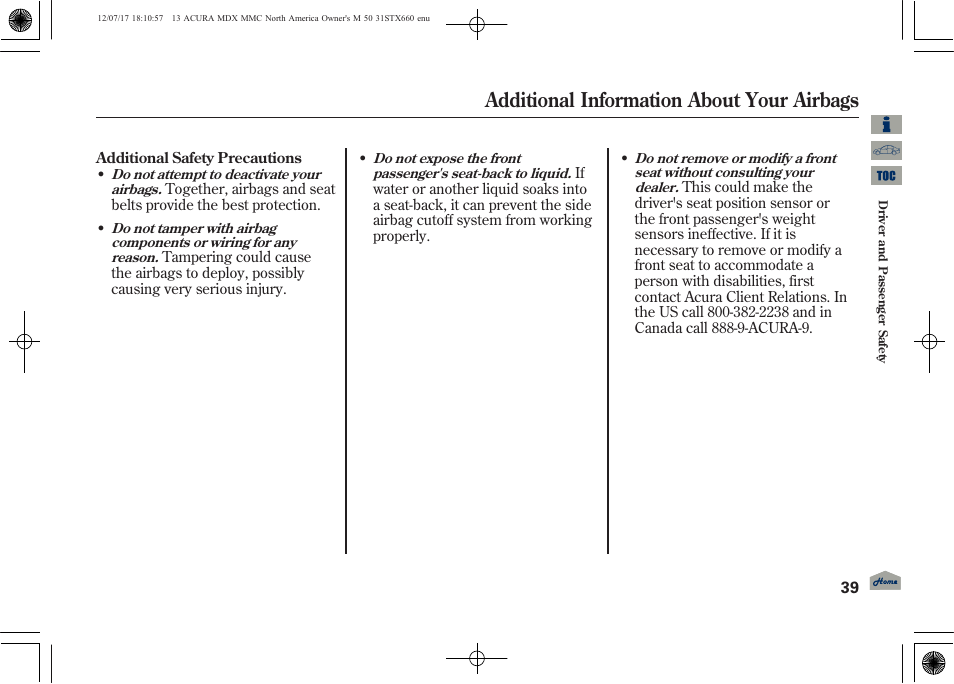 Additional information about your airbags, 2013 mdx | Acura 2013 MDX User Manual | Page 44 / 616