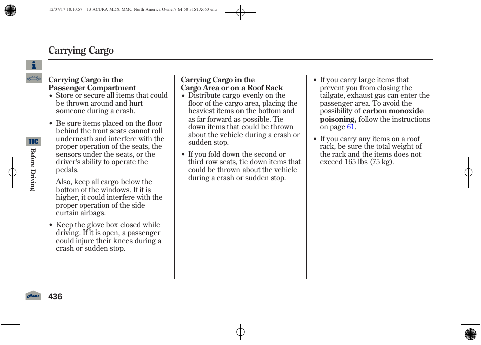 Carrying cargo, 2013 mdx | Acura 2013 MDX User Manual | Page 441 / 616