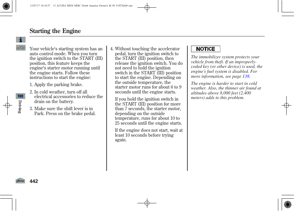 Starting the engine | Acura 2013 MDX User Manual | Page 447 / 616