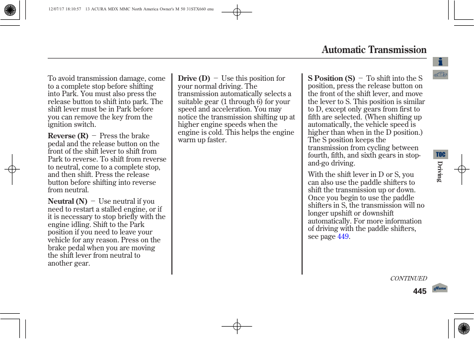 Automatic transmission | Acura 2013 MDX User Manual | Page 450 / 616