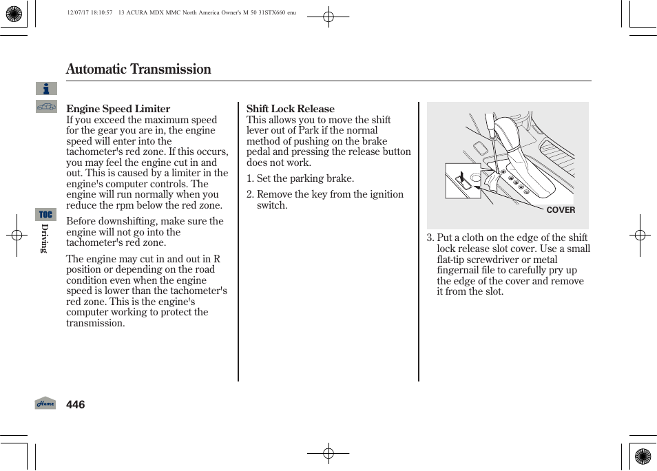 Automatic transmission | Acura 2013 MDX User Manual | Page 451 / 616