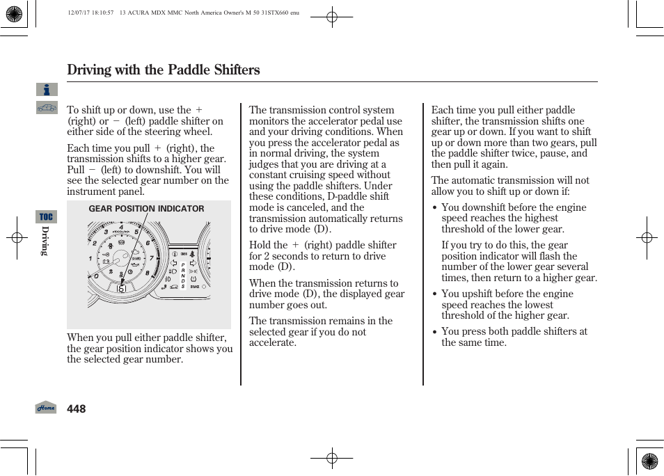 Driving with the paddle shifters | Acura 2013 MDX User Manual | Page 453 / 616