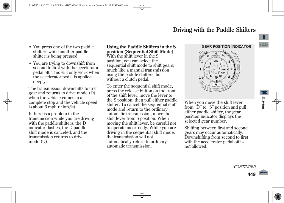 Driving with the paddle shifters | Acura 2013 MDX User Manual | Page 454 / 616