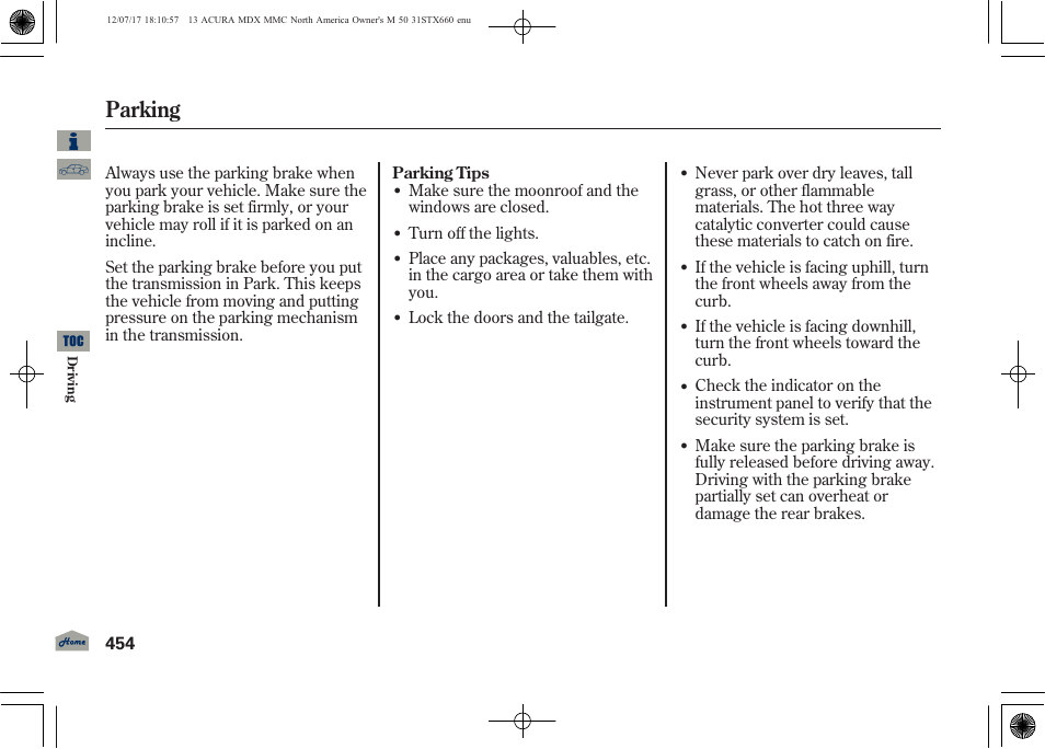 Parking, 2013 mdx | Acura 2013 MDX User Manual | Page 459 / 616