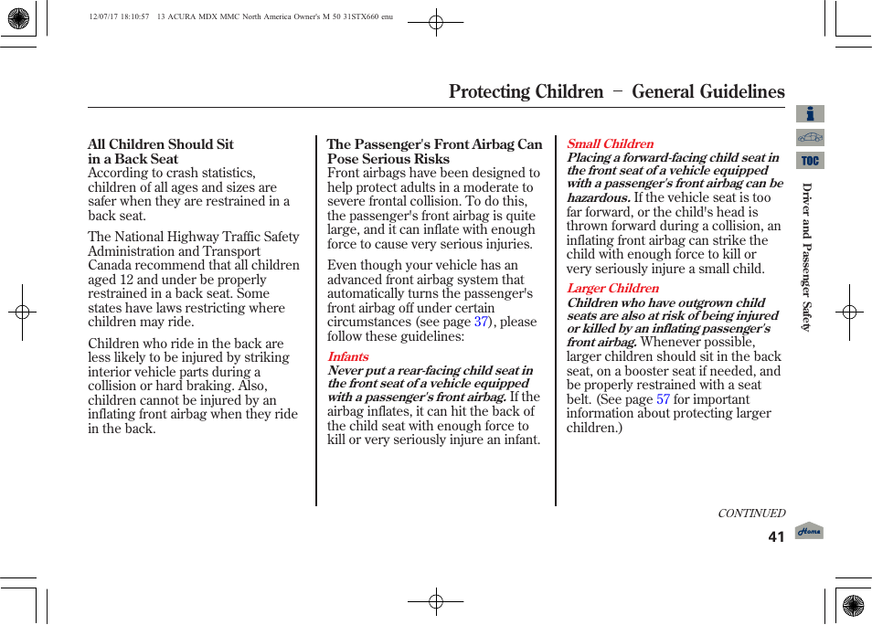 Protecting children － general guidelines | Acura 2013 MDX User Manual | Page 46 / 616