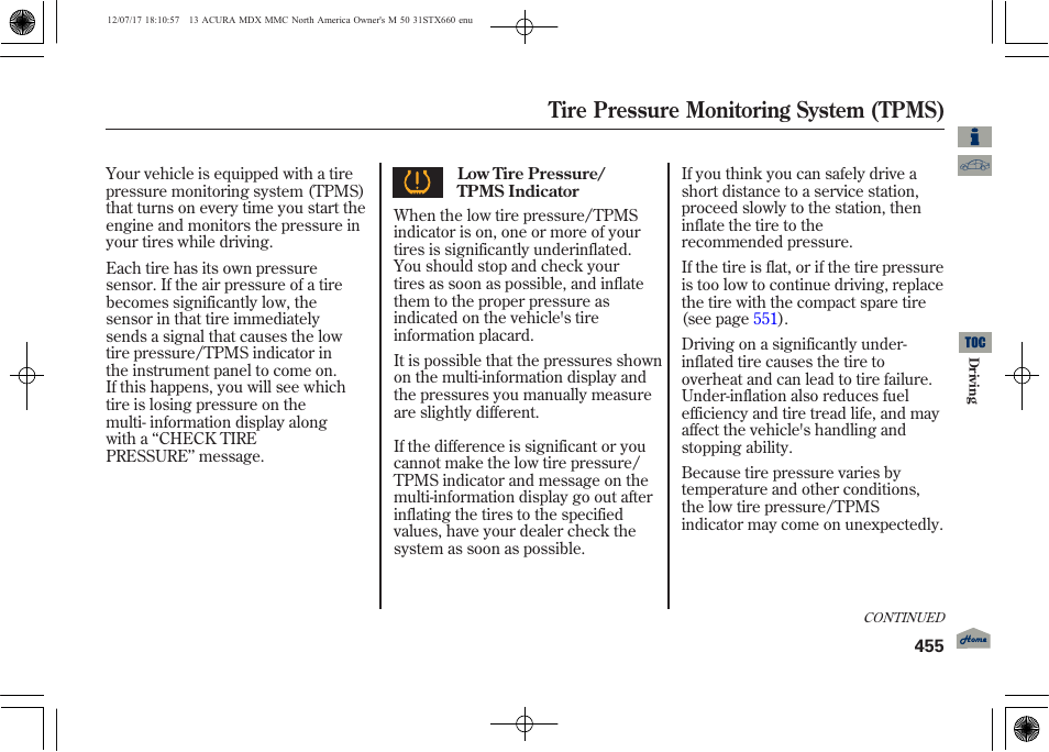 Tire pressure monitoring system (tpms) | Acura 2013 MDX User Manual | Page 460 / 616