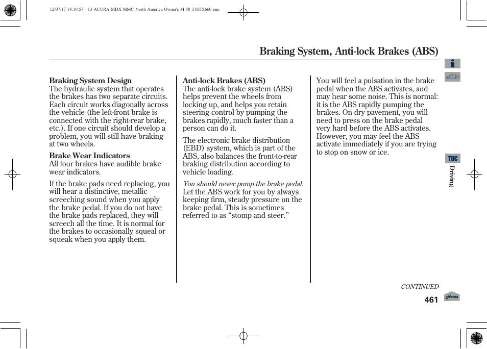 Braking system, anti-lock brakes (abs) | Acura 2013 MDX User Manual | Page 466 / 616