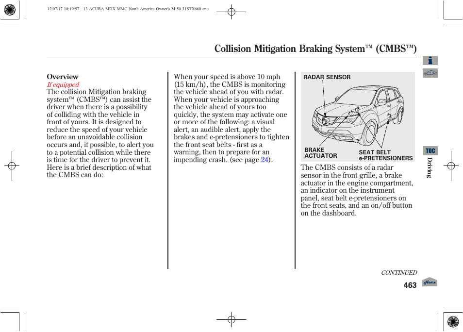 Collision mitigation braking system ™ (cmbs™) | Acura 2013 MDX User Manual | Page 468 / 616