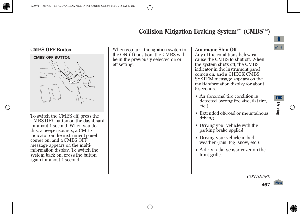 Collision mitigation braking system ™ (cmbs™), 2013 mdx | Acura 2013 MDX User Manual | Page 472 / 616