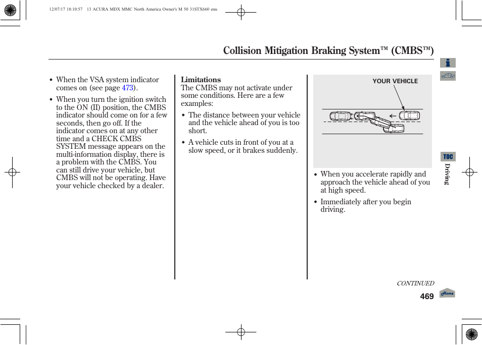 Collision mitigation braking system ™ (cmbs™), 2013 mdx | Acura 2013 MDX User Manual | Page 474 / 616