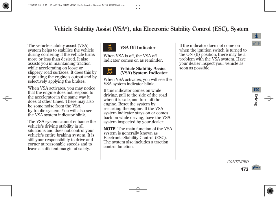 Vehicle stability assist (vsa, Aka electronic stability control (esc), system | Acura 2013 MDX User Manual | Page 478 / 616