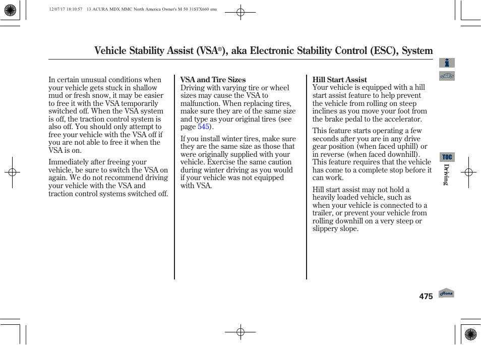 Vehicle stability assist (vsa, Aka electronic stability control (esc), system | Acura 2013 MDX User Manual | Page 480 / 616