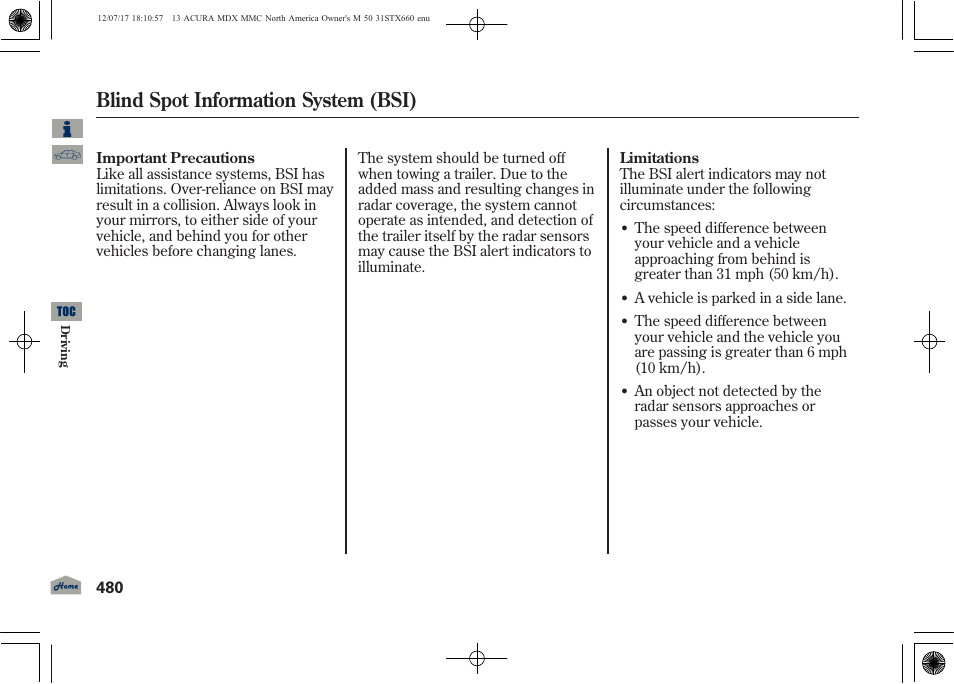 Blind spot information system (bsi), 2013 mdx | Acura 2013 MDX User Manual | Page 485 / 616