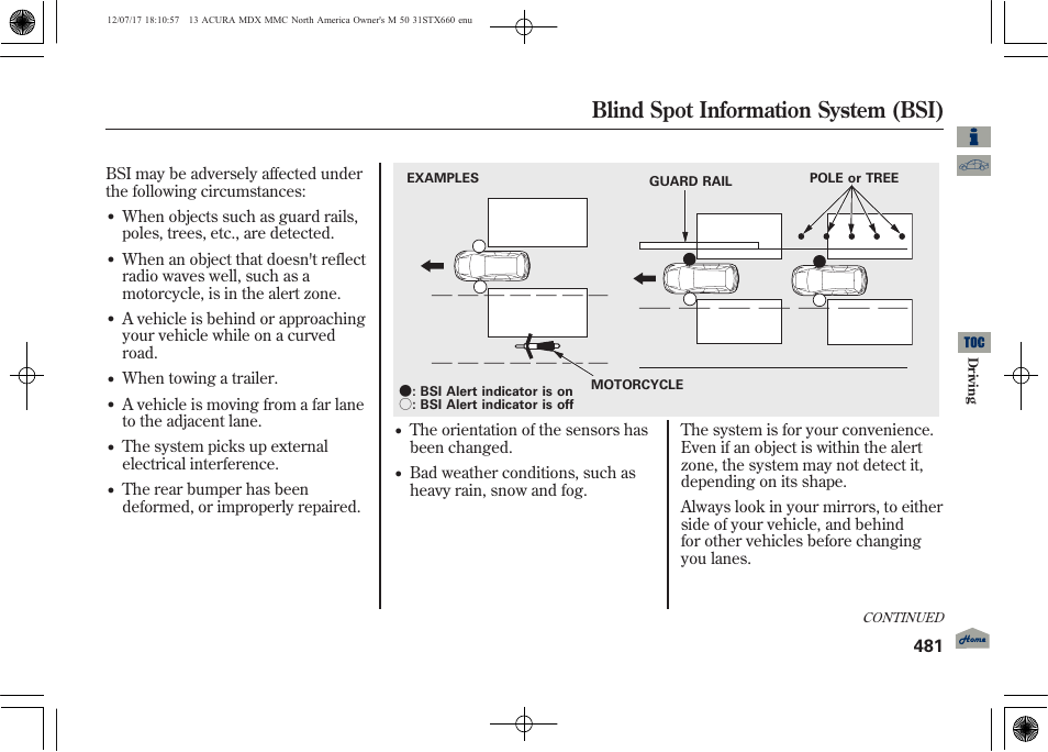 Blind spot information system (bsi), 2013 mdx | Acura 2013 MDX User Manual | Page 486 / 616