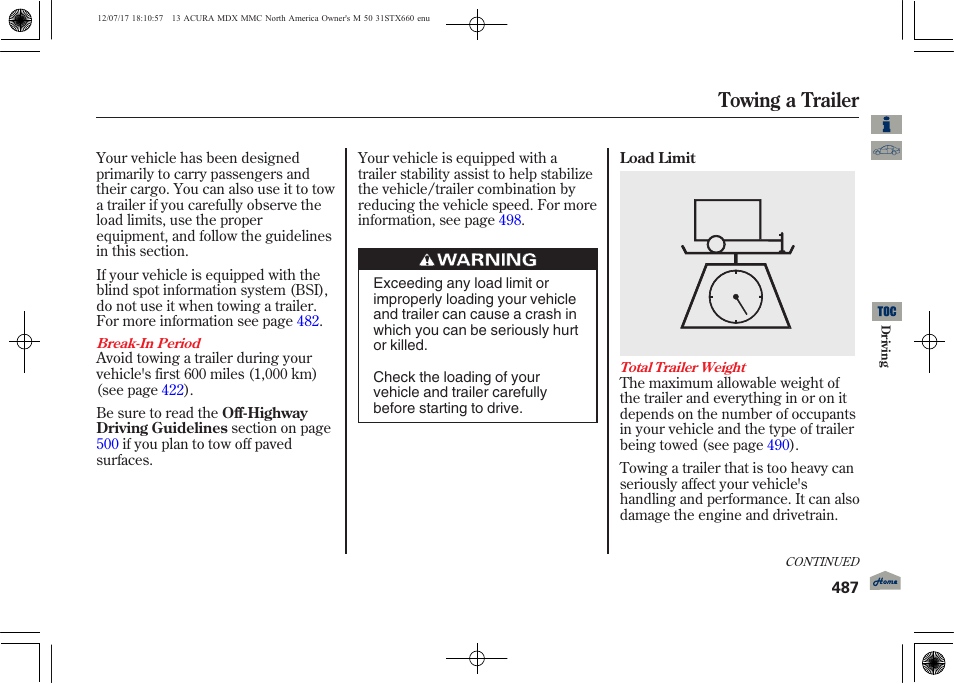 Towing a trailer | Acura 2013 MDX User Manual | Page 492 / 616