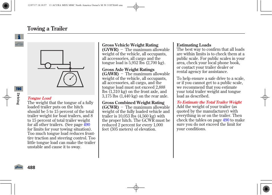 Towing a trailer | Acura 2013 MDX User Manual | Page 493 / 616