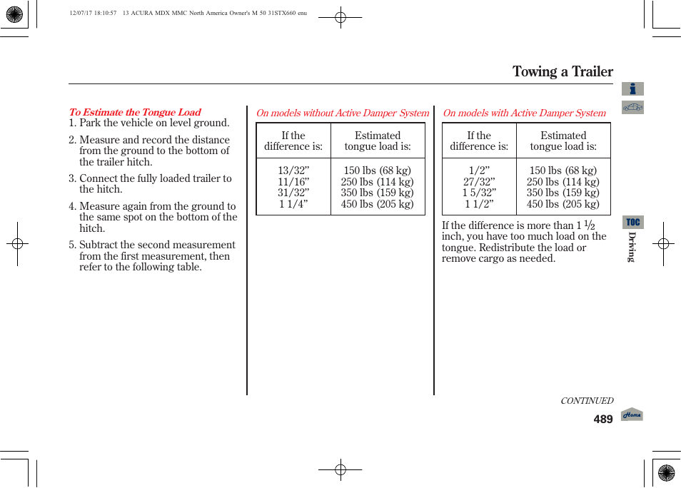 Towing a trailer | Acura 2013 MDX User Manual | Page 494 / 616