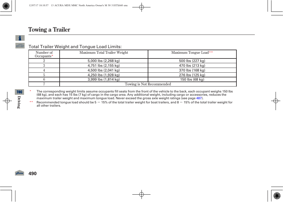 Towing a trailer, 2013 mdx | Acura 2013 MDX User Manual | Page 495 / 616