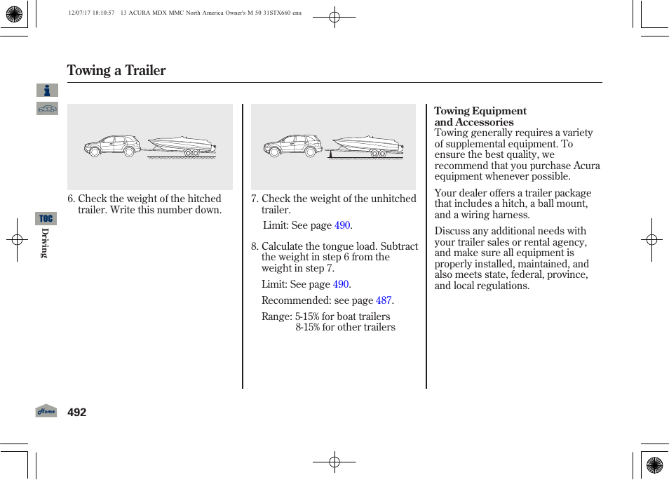 Towing a trailer | Acura 2013 MDX User Manual | Page 497 / 616