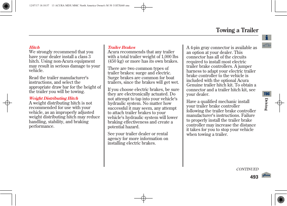 Towing a trailer | Acura 2013 MDX User Manual | Page 498 / 616