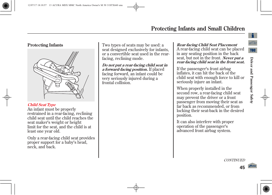 Protecting infants and small children | Acura 2013 MDX User Manual | Page 50 / 616