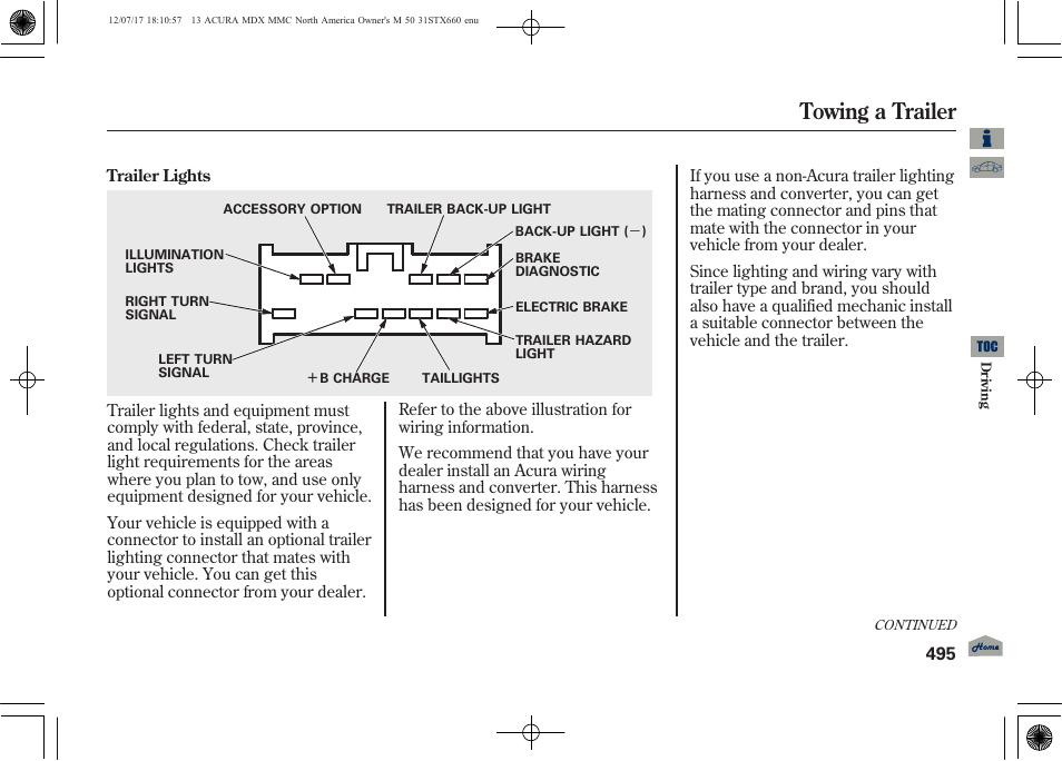 Towing a trailer | Acura 2013 MDX User Manual | Page 500 / 616