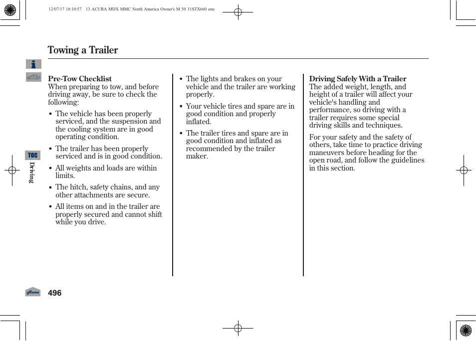 Towing a trailer, 2013 mdx | Acura 2013 MDX User Manual | Page 501 / 616