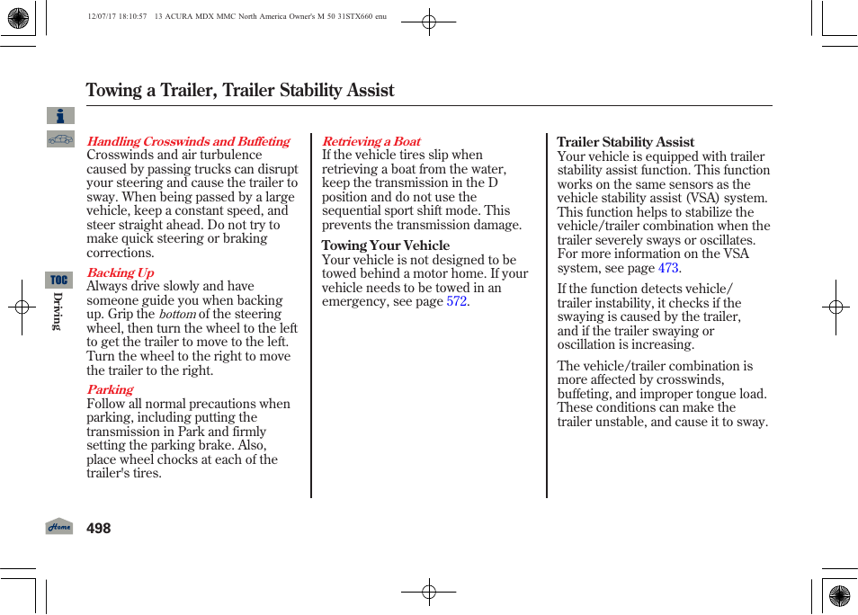 Towing a trailer, trailer stability assist | Acura 2013 MDX User Manual | Page 503 / 616