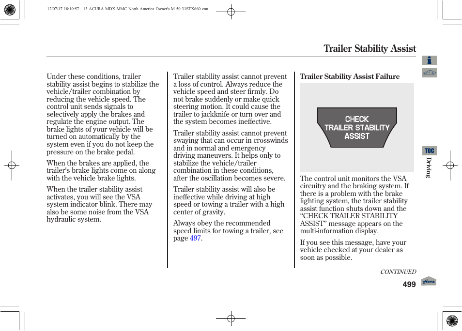 Trailer stability assist | Acura 2013 MDX User Manual | Page 504 / 616