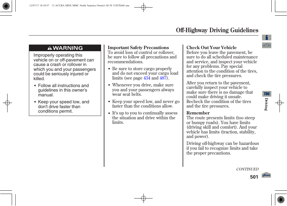 Off-highway driving guidelines, 2013 mdx | Acura 2013 MDX User Manual | Page 506 / 616