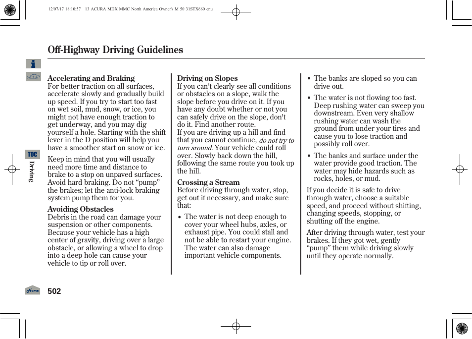 Off-highway driving guidelines | Acura 2013 MDX User Manual | Page 507 / 616