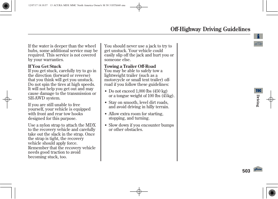 Off-highway driving guidelines, 2013 mdx | Acura 2013 MDX User Manual | Page 508 / 616