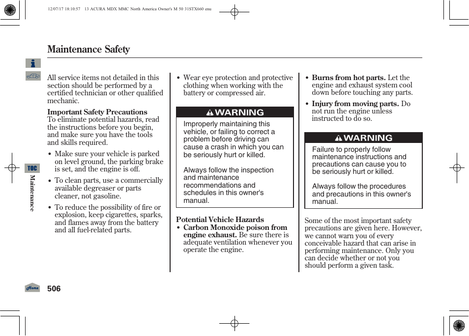 Maintenance safety, 2013 mdx | Acura 2013 MDX User Manual | Page 511 / 616