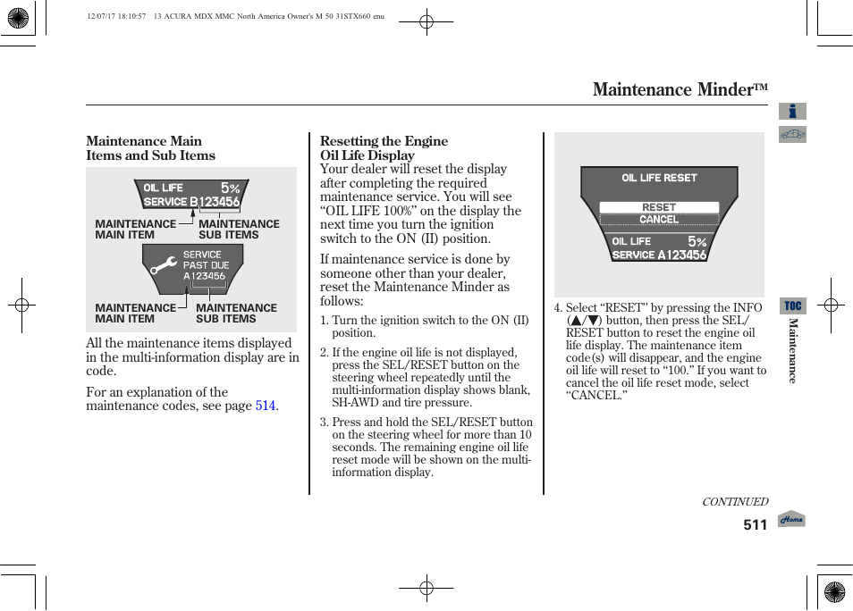 Maintenance minder | Acura 2013 MDX User Manual | Page 516 / 616