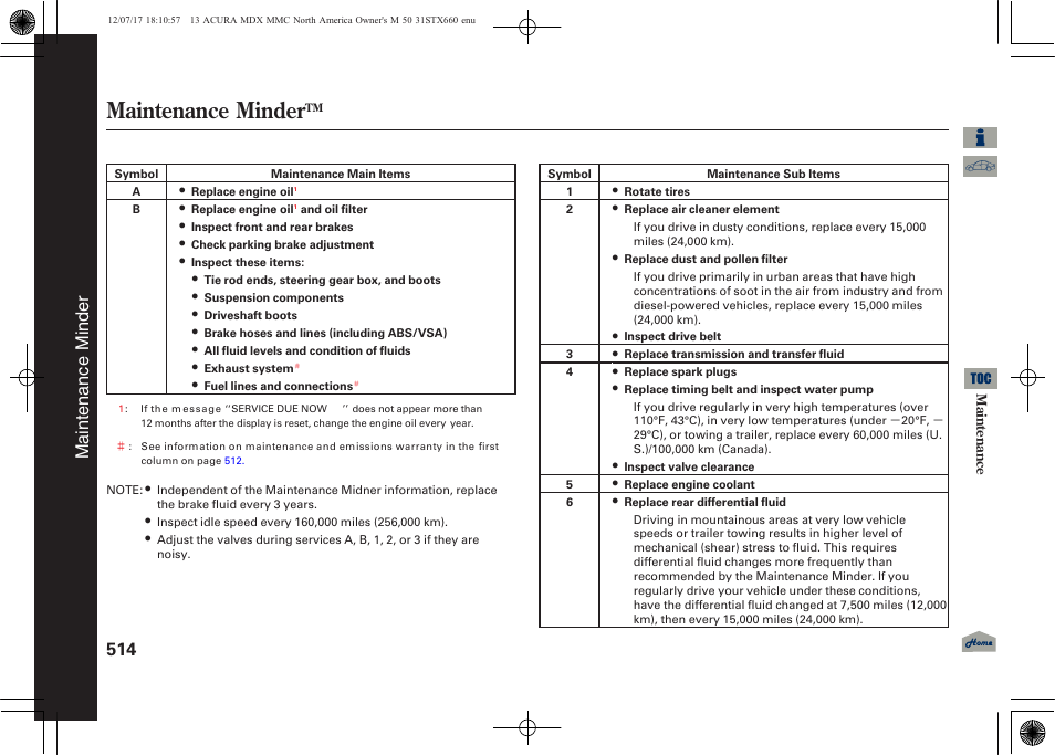 Maintenance minder, Maintenance minder 514, 2013 mdx | Acura 2013 MDX User Manual | Page 519 / 616