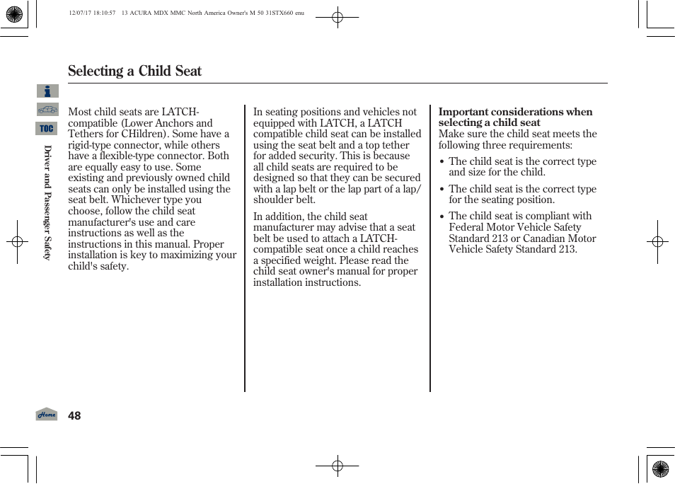 Selecting a child seat, 2013 mdx | Acura 2013 MDX User Manual | Page 53 / 616