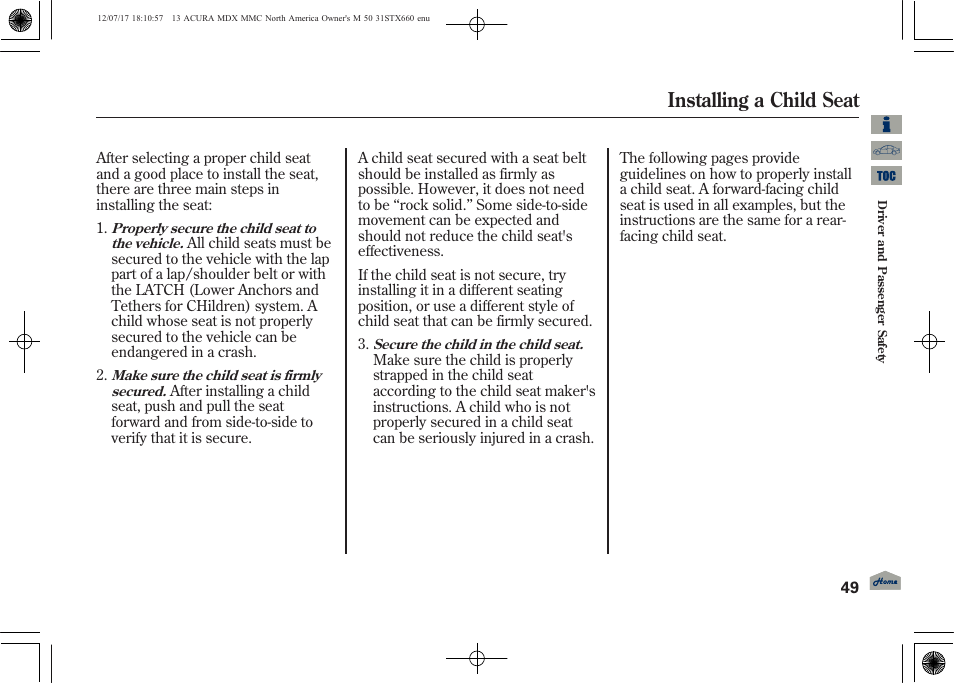 Installing a child seat | Acura 2013 MDX User Manual | Page 54 / 616