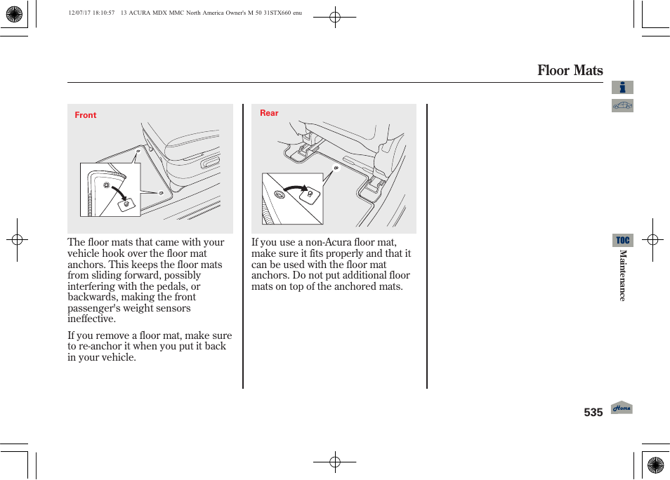 Floor mats | Acura 2013 MDX User Manual | Page 540 / 616